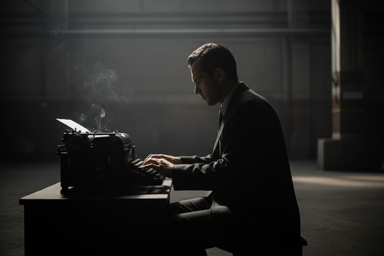 Dark grey background a man highlighted in light writing on a black typewriter captured from an angle diagonally behind him