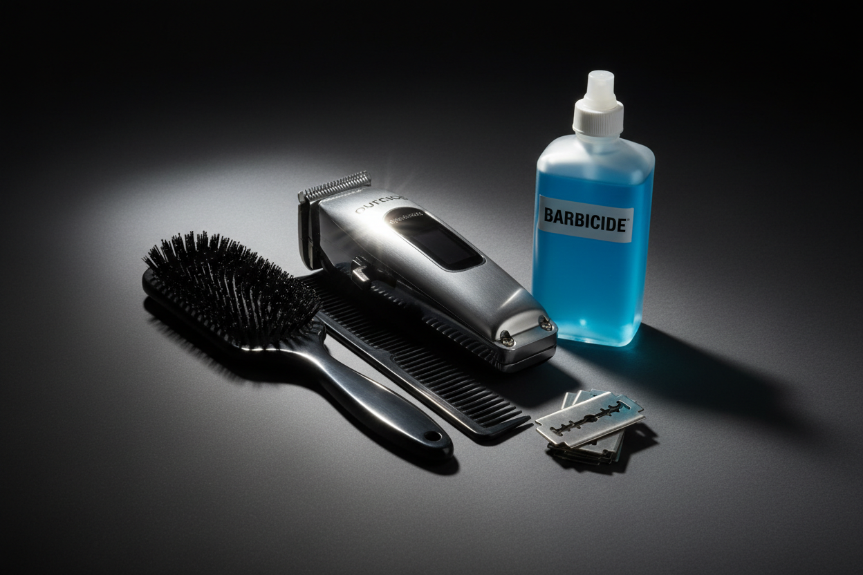 Generate a very sharp modern dark grey baclground with in the middle highlighting a Brush,Comb, tondeuse and alcohol and rzor blades. Highlight the light so that the products get a real shine to them
